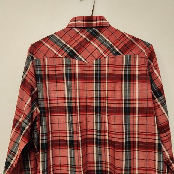 Border Town Pearl Snap Shirt Western Mens Medium Red Black Plaid Vintage - Picture 9 of 15